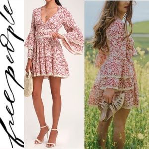 kristall berry red floral print bell sleeve mini dress free people